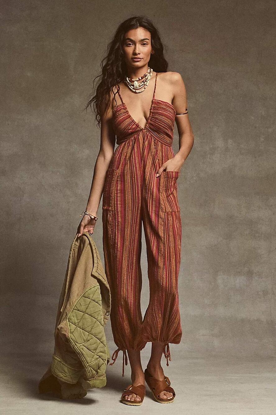 Free People Sundaze For Surfin' Halter Cotton Jumpsuit - Red Clay Combo